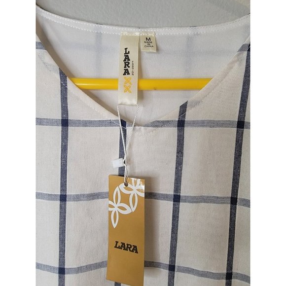 Lara Size Medium Dress White Blue Windowpane Linen Blend Shift NWT - Picture 3 of 5